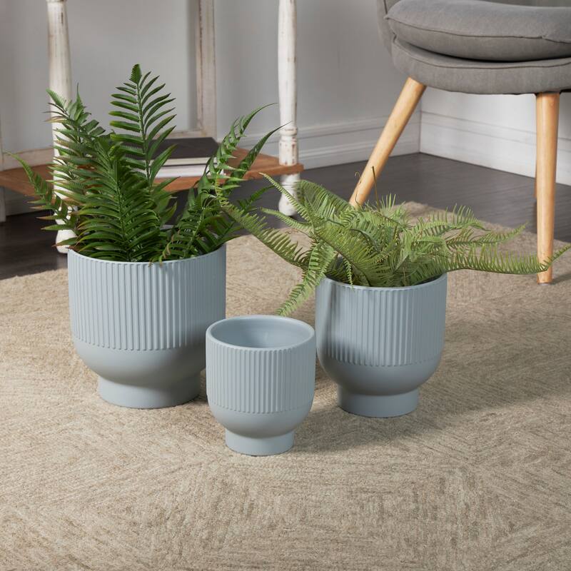 Black, Light Blue or White Ceramic Speckled Planter with Linear Grooves and Tapered Bases (Set of 3) - Light Blue