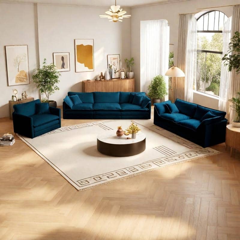 6-Seat Chenille Sectional Sofa Set (3-Seater + 2-Seater + Chair) with Extra Deep Seats & Solid Wood Frame