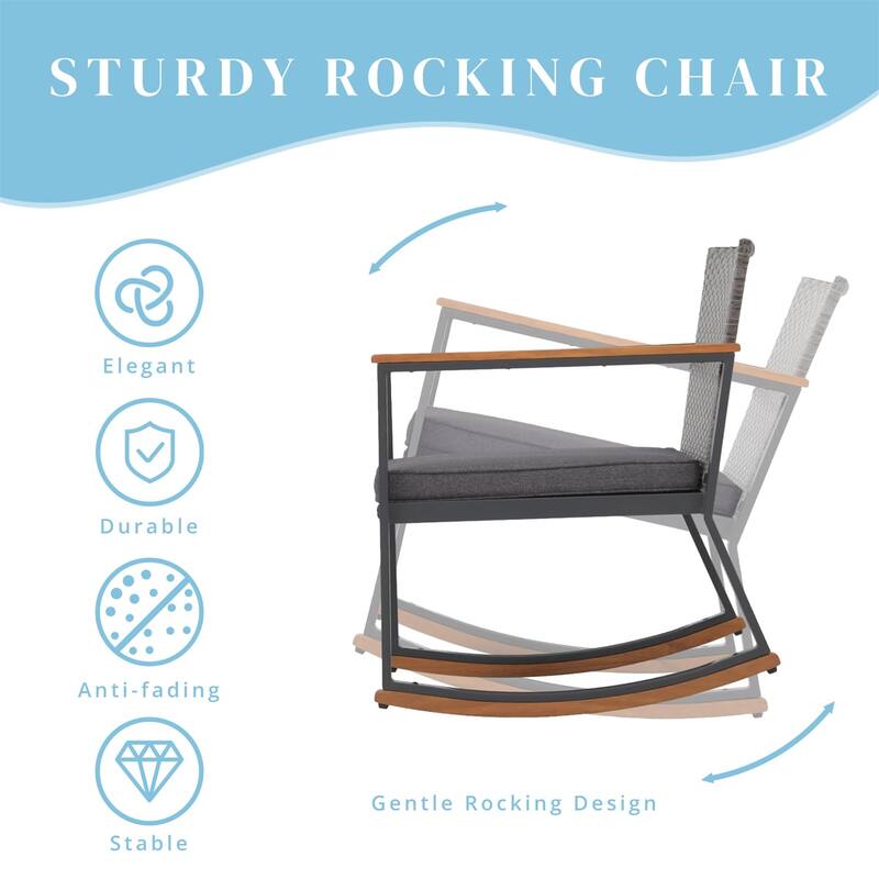 3 Pieces Rocking Wicker Bistro Set, Patio Outdoor Furniture Conversation Sets with Porch Chairs and Glass Coffee Table