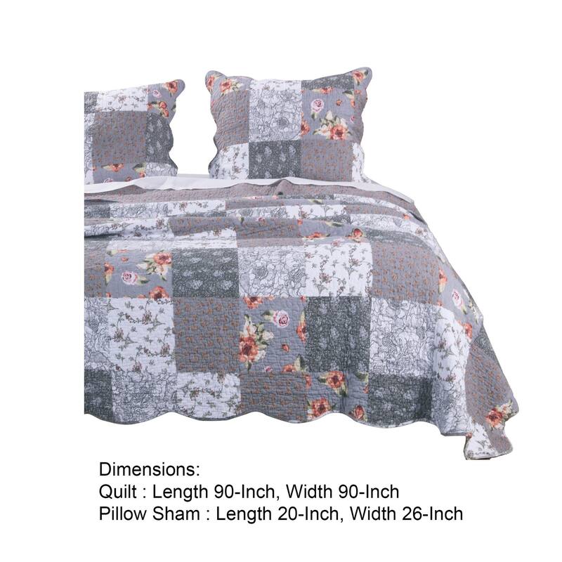3 Piece Microfiber Queen Size Quilt Set with Floral Prints, Multicolor