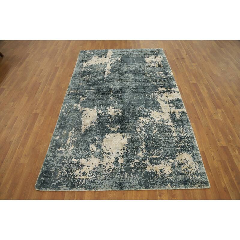 Hand Knotted Oriental Viscose Silk Carpet Modern Abstract Greys & Charcoal Abstract Area Rug - 7' 10'' X 4' 10''