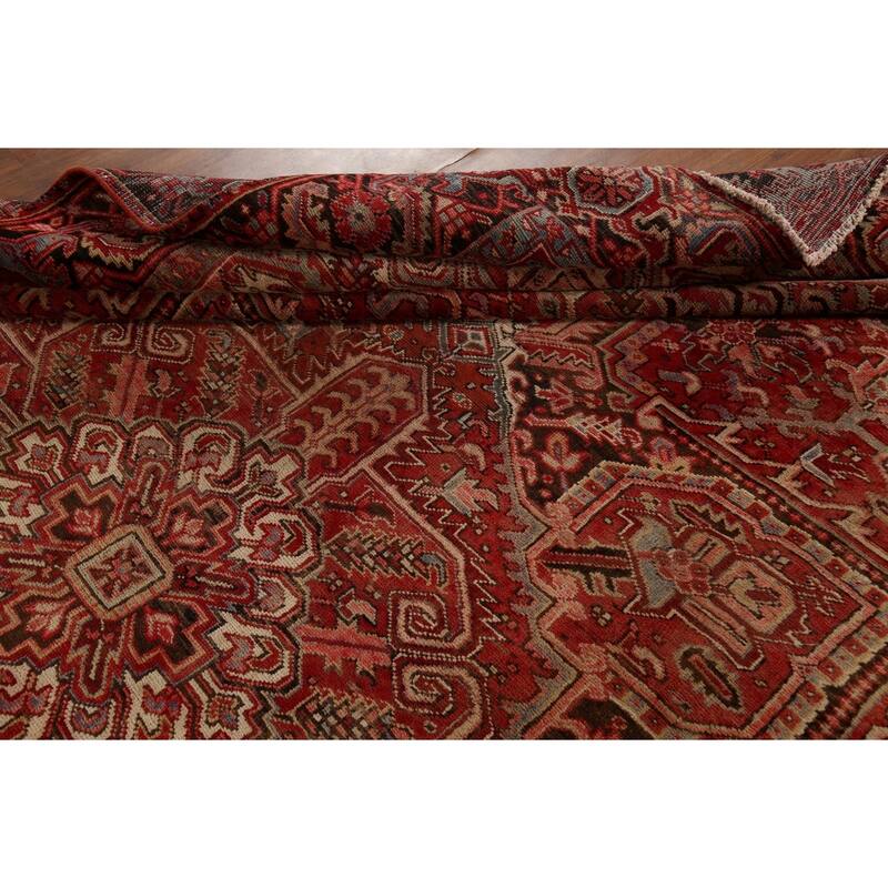 Red Geometric Heriz Persian Vintage Area Rug Hand-Knotted Wool Carpet - 9'4"x 13'5"