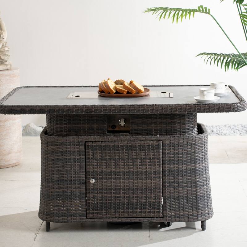 50,000 BTU Adjustable Height Aluminum Propane Fire Pit Table with Faux Stone Glass Top and Wind Guard