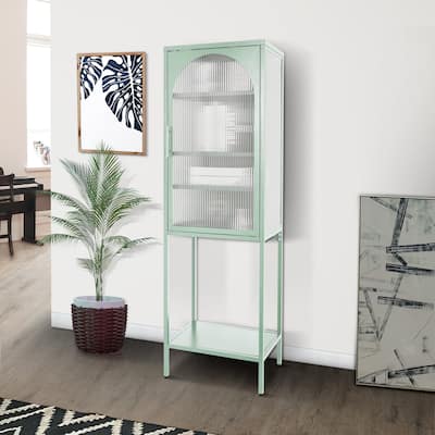 Stylish Tempered Glass High Cabinet with Arched Door Adjustable Shelves and Feet Anti-Tip Dust-free Fluted Glass Kitchen