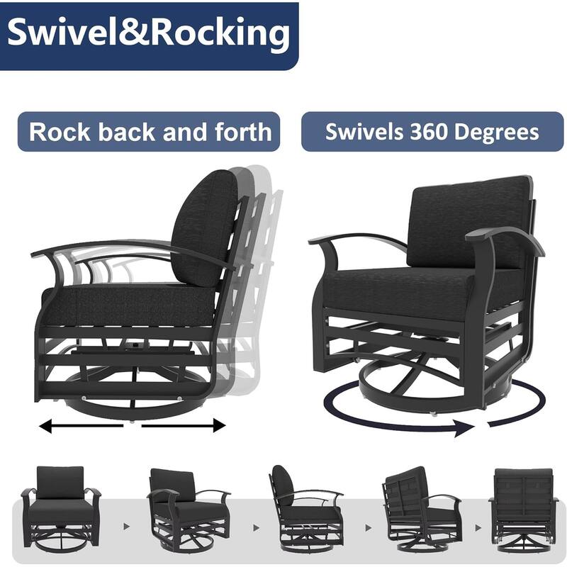 Kullavik 3Pcs Aluminum Rocking Chair Swivel Chairs Set with Glass Top Table & 5" Thick Cushion