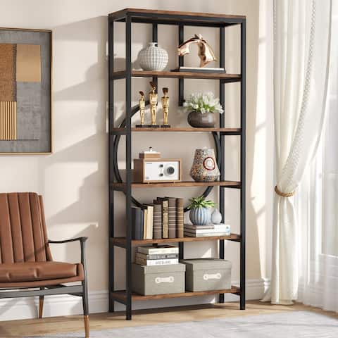 70.9H x 27.6W Industrial Geometric Bookcase, 6-Tier Tall Bookshelf, Wood Display Shelf Storage Shelves