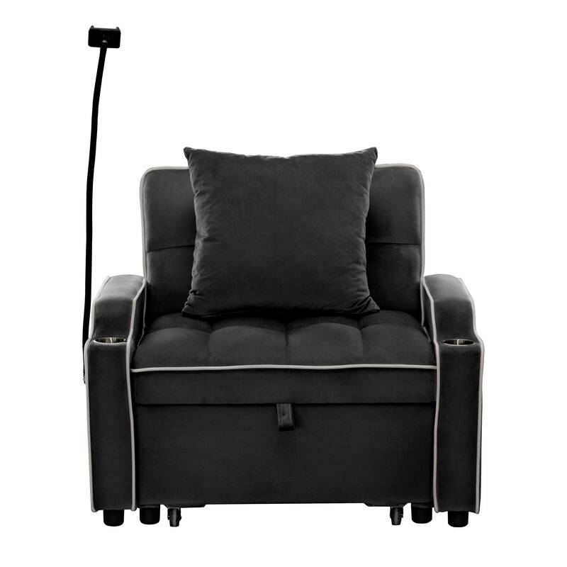 Convertible Single Chair Bed,3 in 1 Velvet Futon Sleeper Sofa Bed with Phone Holder & USB Ports,Pull Out Couch Bed