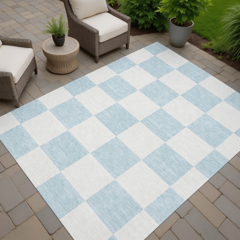 Machine Washable Indoor/ Outdoor Modern Checker Chantille Rug - Sky - 8' x 10'