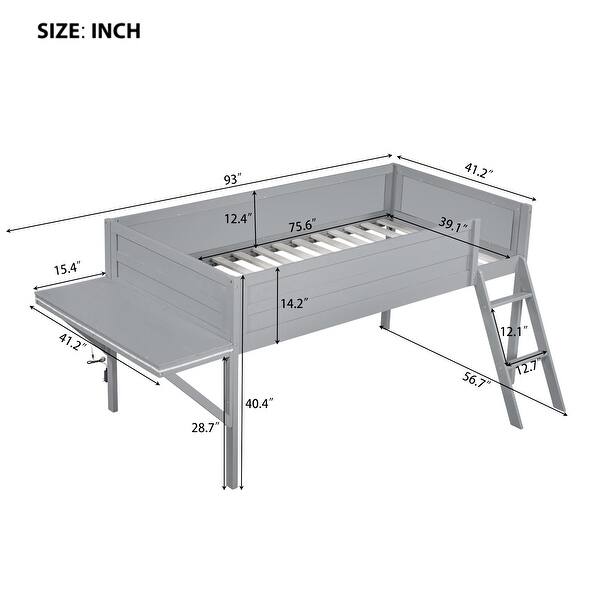 dimension image slide 1 of 2, Twin/Full Size Wood Gaming Loft Bed with Desk and LED,Grey