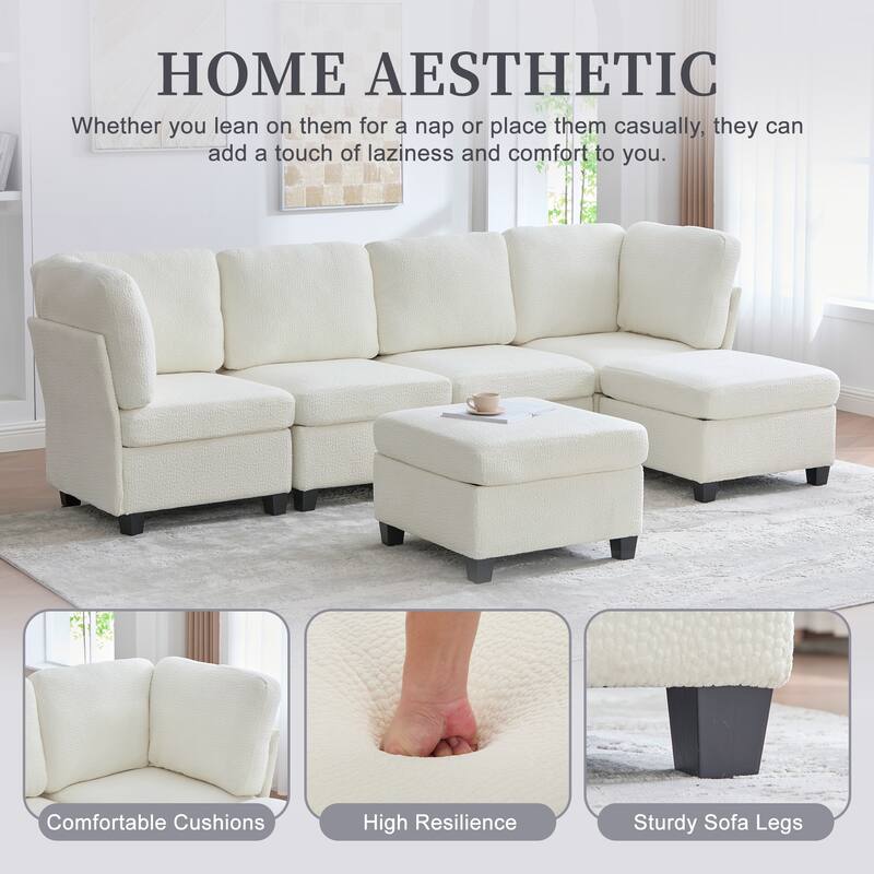 HOMEFUN 6-Seat Polyester Upholstered U-Shaped Modular Storage Sleeper Sectional Sofa with Storage Ottoman