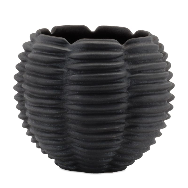 Ribbed Ceramic Round Bud Vases - 5" - Black - Set of 2