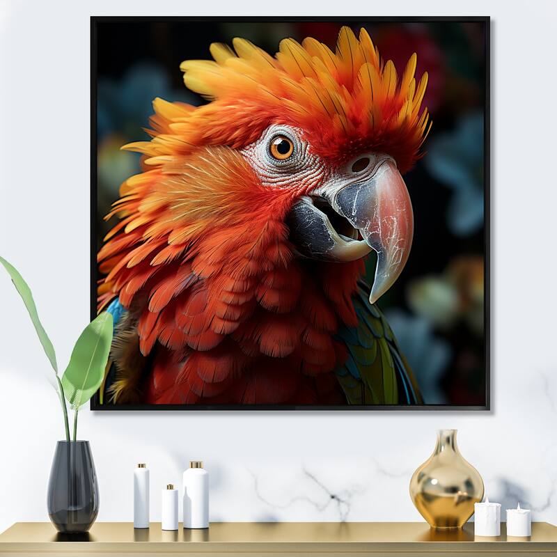 Designart "Orange Parrot Portrait Photo" Parrot Orange Wall Decor - Modern Bedroom Framed Canvas Wall Art - 16 in. wide x 16 in. high - Black