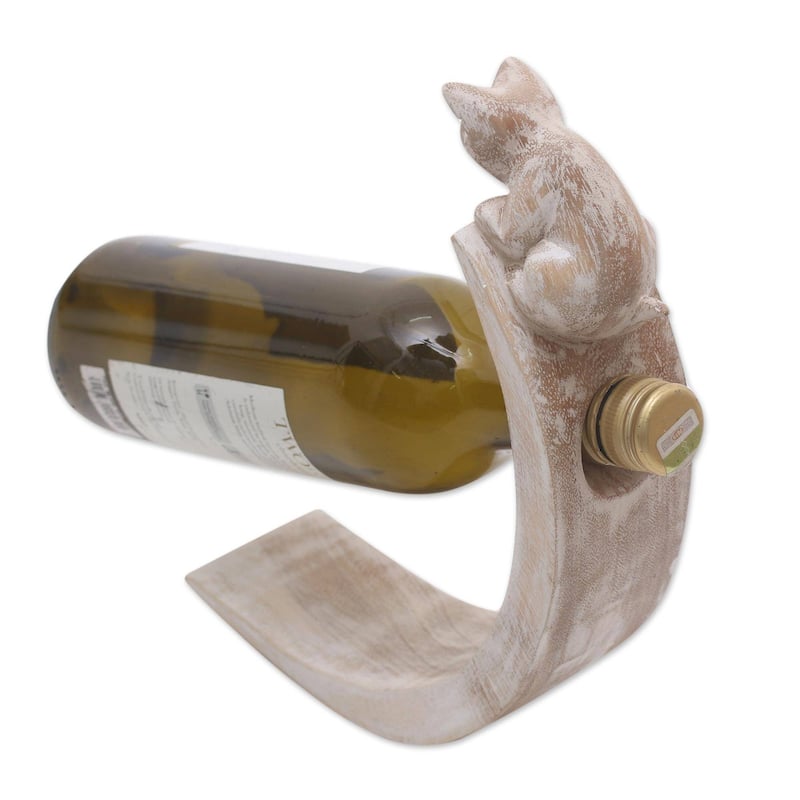 Novica Handmade White Peeking Kitten Wood Bottle Holder