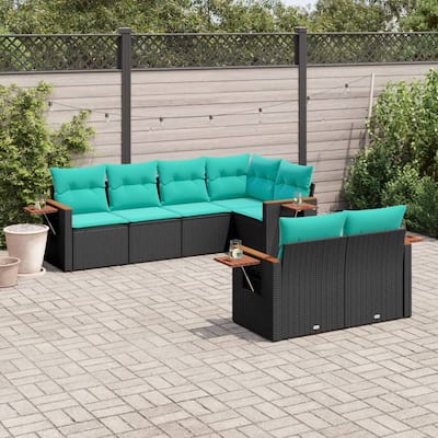 vidaXL 7 Piece Patio Sofa Set with Cushions Black Poly Rattan - 21.7x27.2x24.4