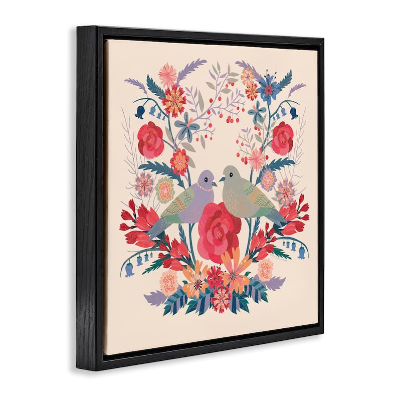 Stupell Symmetrical Folk Flowers & Birds Framed Floater Canvas Wall Art Design By Verbrugge Watercolor