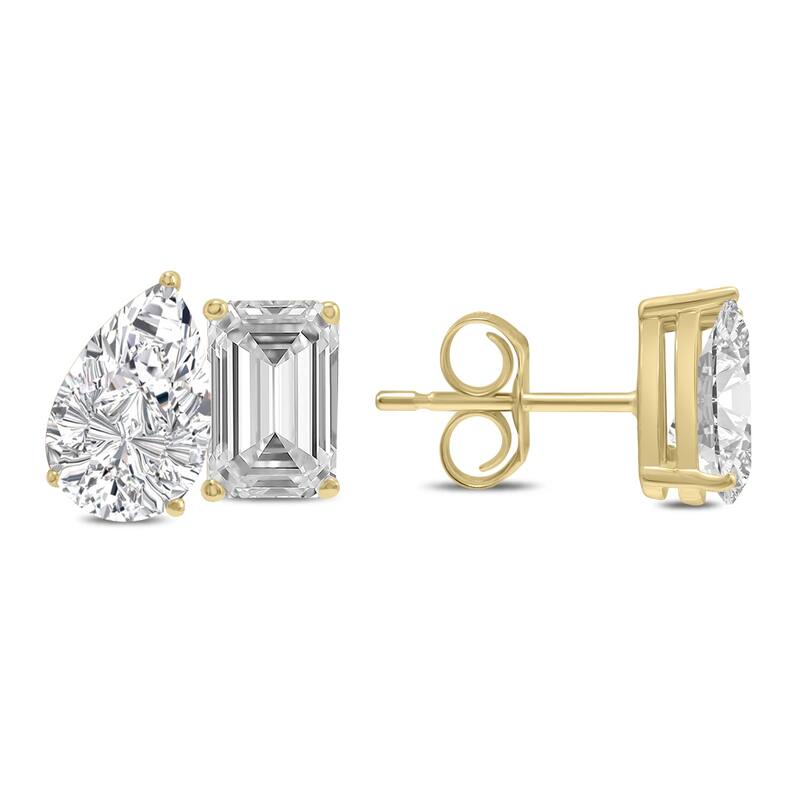 Marquee 2 Carat TW Emerald and Pear Shape Lab Grown Diamond Earrings in 14K Yellow Gold