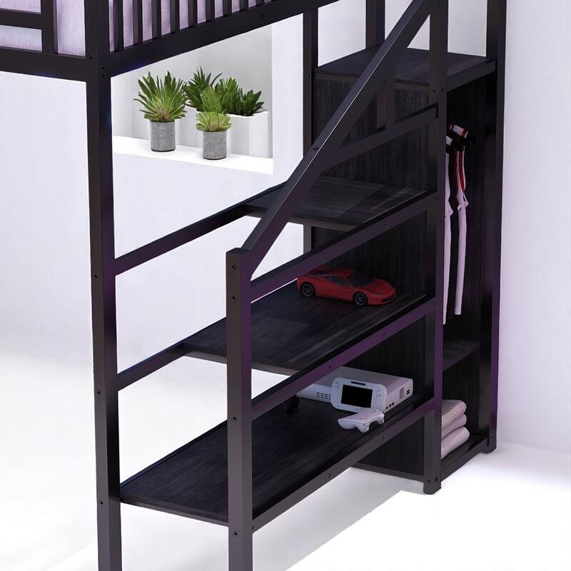 Full/Queen Size Metal Loft Bed with L-Shaped Desk, USB Port, LED Lights, Wardrobe and Stair Storage, Black