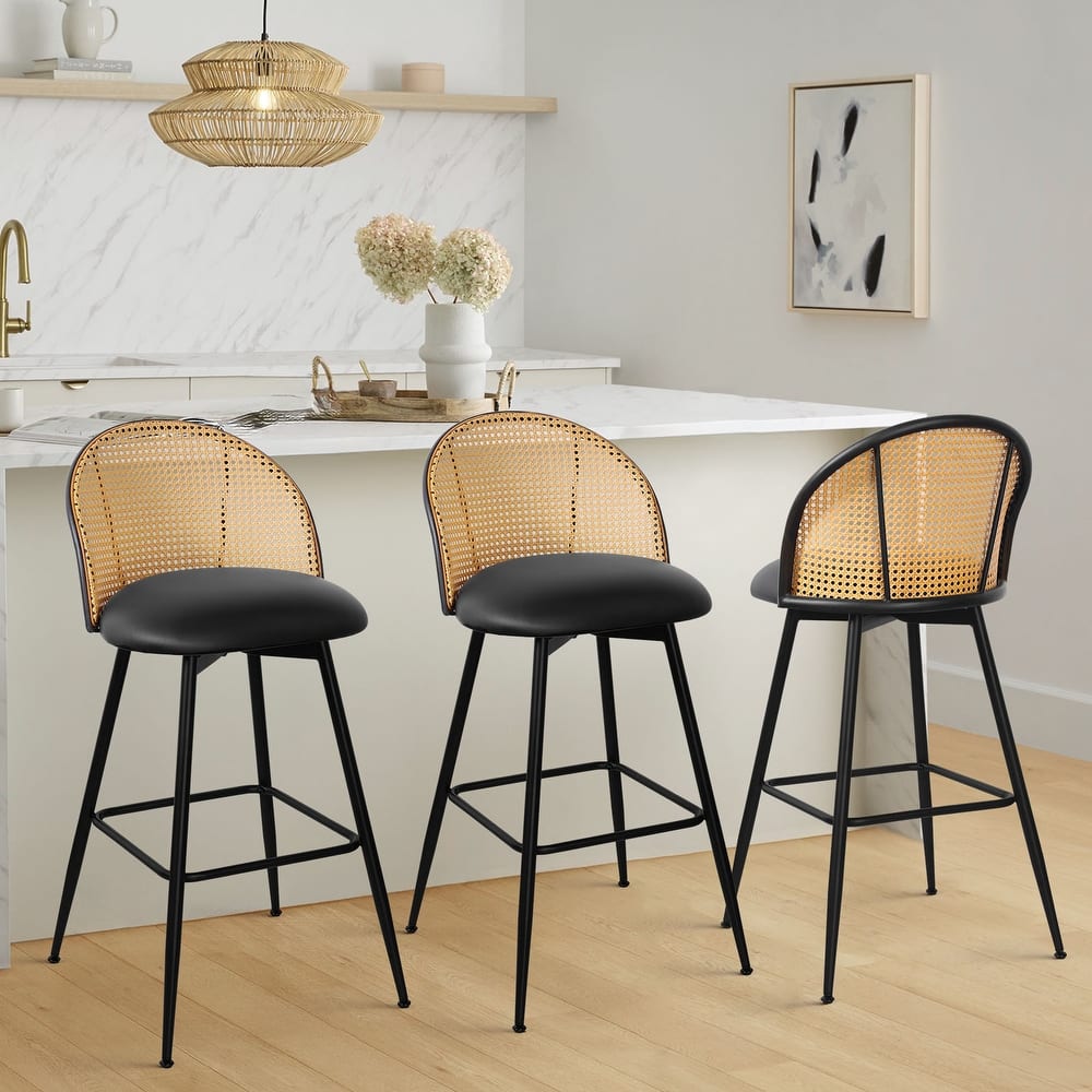 Upholstered Swivel Counter/ Bar Stools with Rattan Back