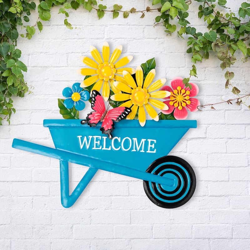 Glitzhome 30"H Metal Spring Garden Cart Yard Stake Wall Decor