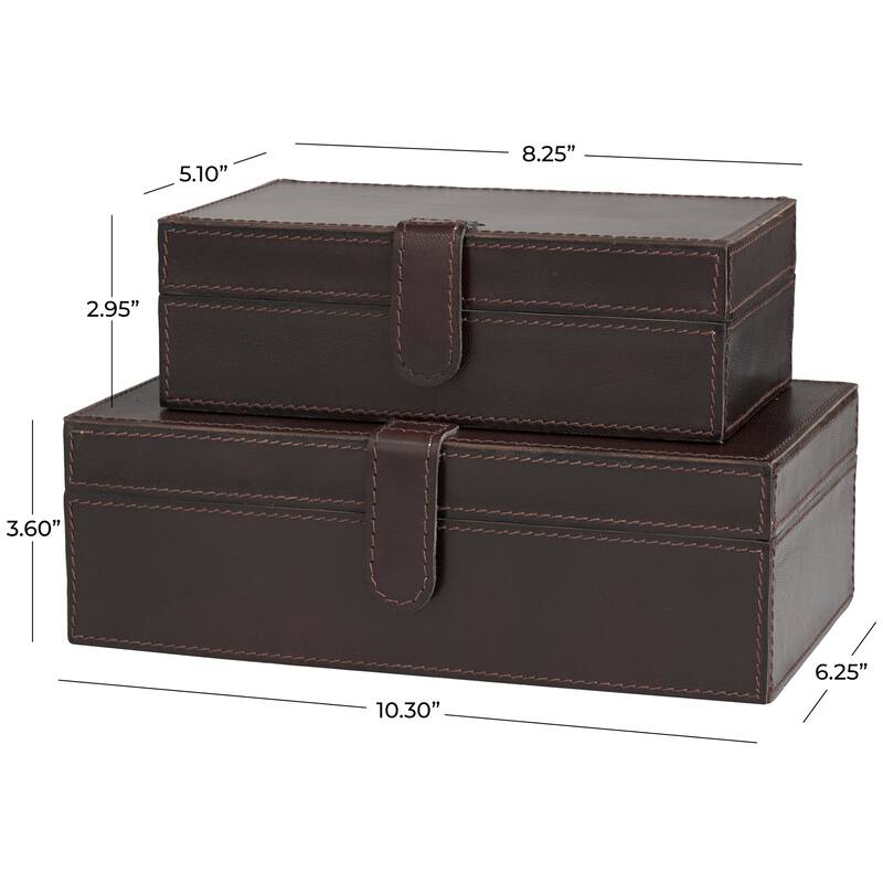 Dark Brown Leather Storage Box with Snap Front Closure and Detailed Stitching (Set of 2)