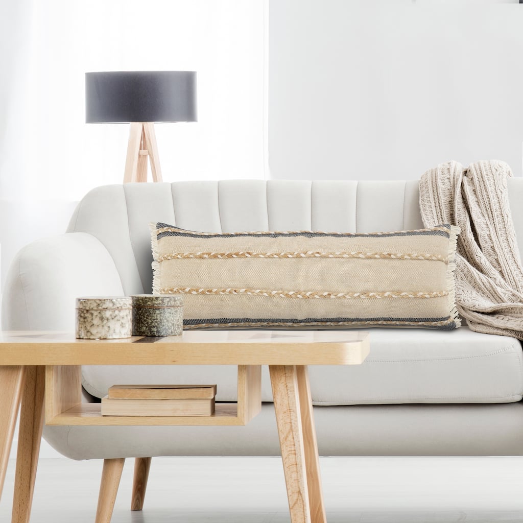 Sevita Atlantis Black and Taupe Throw Pillow with Jute Braiding and Fringe