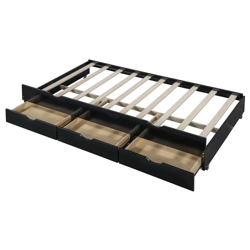 Twin Size Platform Bed with Bookcase Headboard & USB Ports Outlets, Wooden Storage LED Bed Frame with Trundle & Storage Drawers