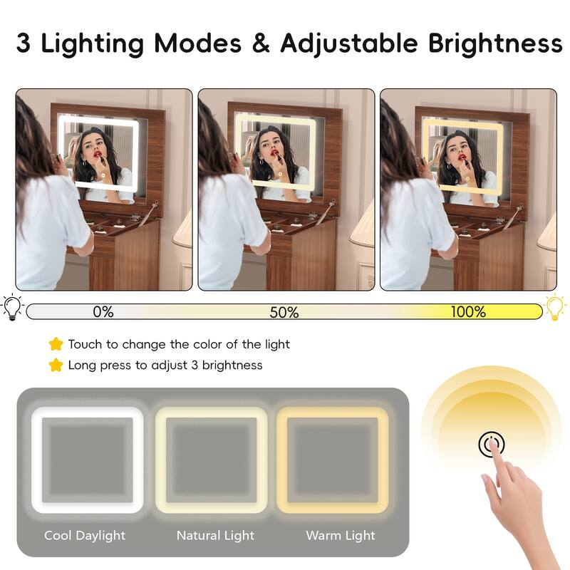 L-shaped Makeup Vanity Dressing Table with Flip-Top Makeup Mirror, Adjustable LED Lights & 7 Drawers