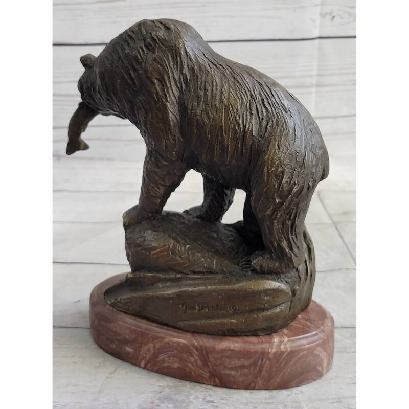 Bear With Fish In Mouth Bronze Metal Sculpture Statue Wildlife Decor Art Marble Base