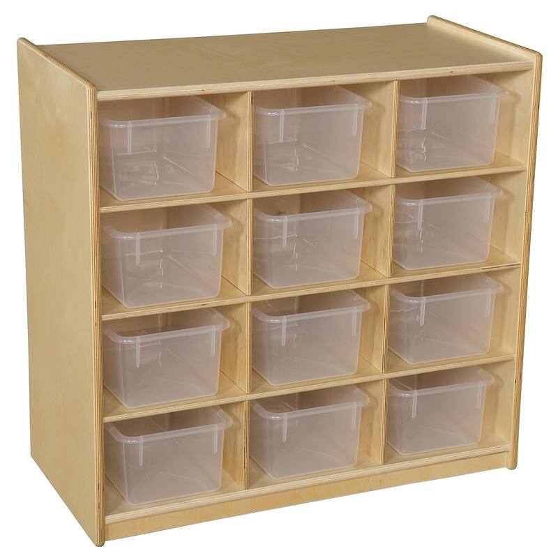 Wood Designs 12 Cubby Storage Cabinet with Translucent Bins, Toddlers Birch Wood Toy Storage Organizer for Kindergarten - 30"
