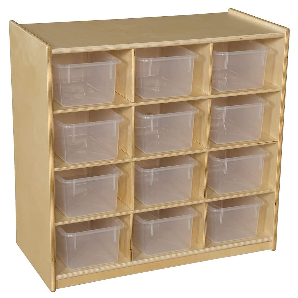 Wood Designs 12 Cubby Storage Cabinet with Translucent Bins, Toddlers Birch Wood Toy Storage Organizer for Kindergarten - 30"