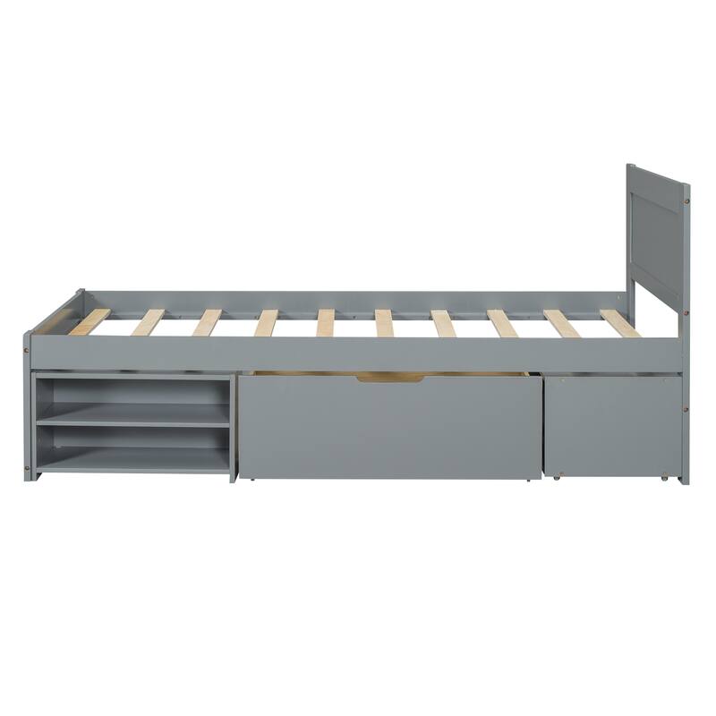 Twin Size Modern Platform Bed with Drawer and Two Storage Shelves