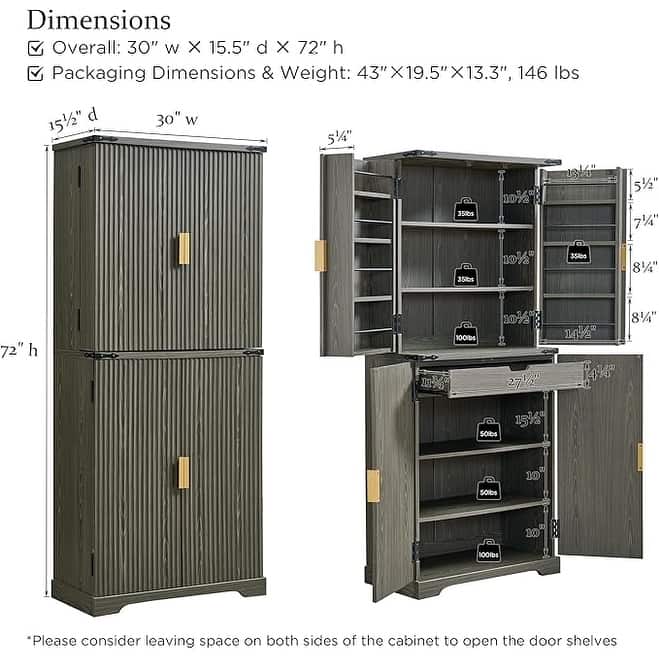 72" Tall Modern Fluted Pantry Cabinet, Storage Cabinet with 4 Doors