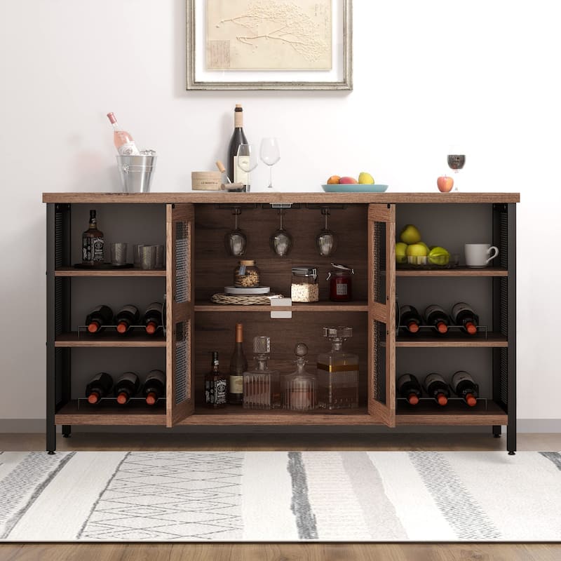 Industrial Wine Bar Cabinet Wood Buffet Cabinet Wine Rack Sideboard - 55“W