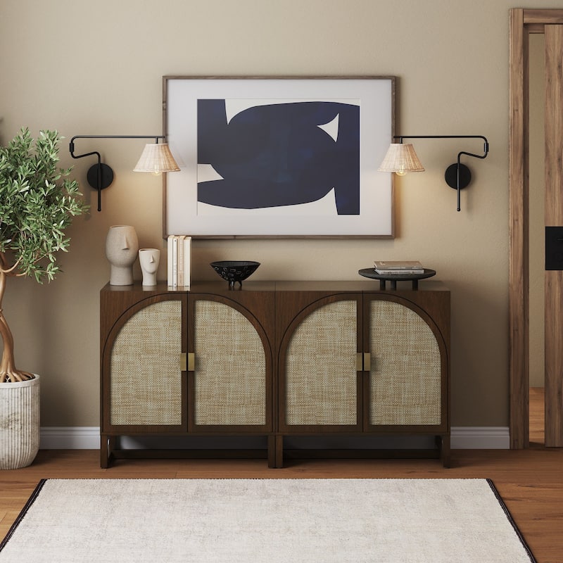 Paxton Boho Wood Storage Cabinet with Doors, Small Storage Cabinet or TV Stand with Rattan Door Details - Dark Walnut Set of 2