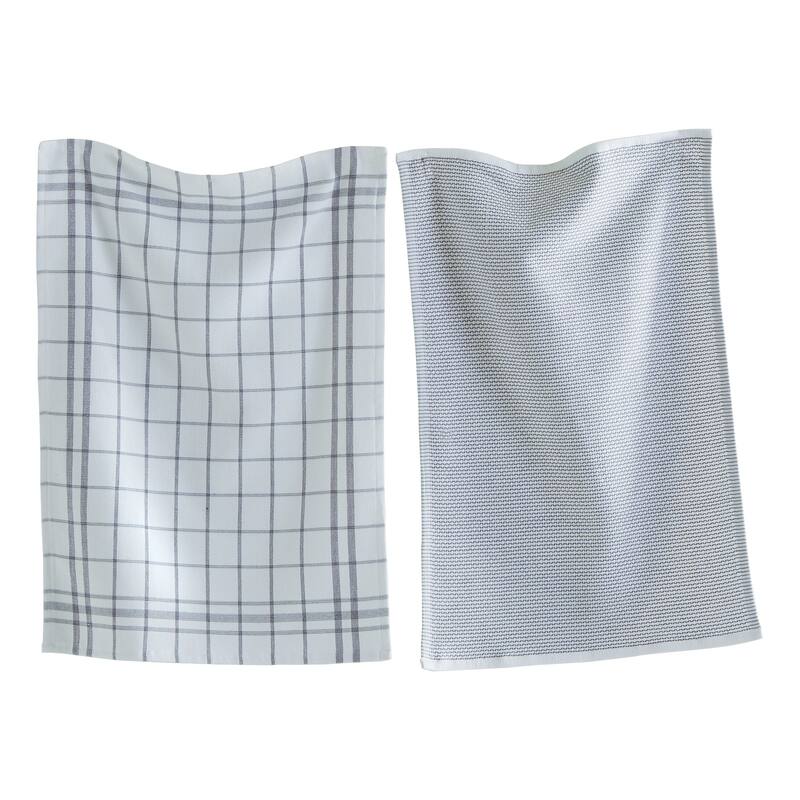26L"x18W" Classic Grey Cotton Set of 2 Checked and Solid Terry Cloth Dishtowel Kitchen Towel Beige Machine Washasble