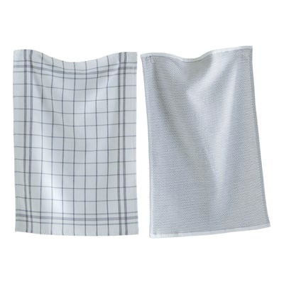 26L"x18W" Classic Grey Cotton Set of 2 Checked and Solid Terry Cloth Dishtowel Kitchen Towel Beige Machine Washasble