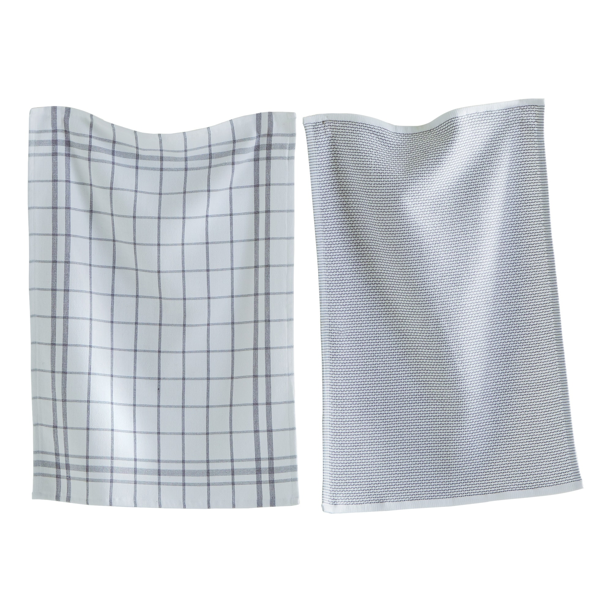 Classic Grey Cotton Set of 2 Checked and Solid Terry Cloth Dishtowel Kitchen Towel