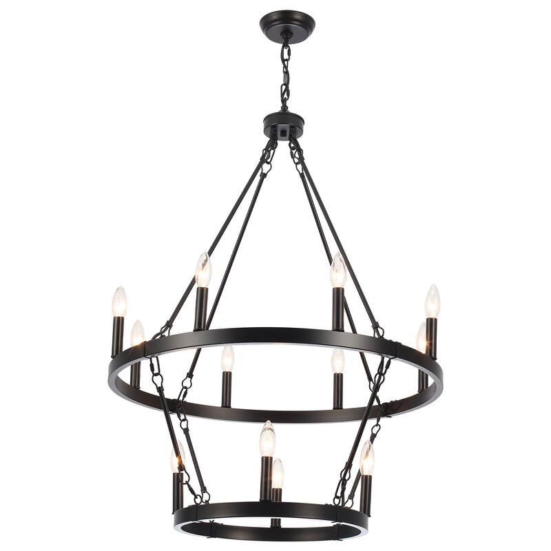 12-Light Large Chandelier Rustic Farmhouse Round 2-Tier Metal Wagon Wheel Chandelier Lighting for Living Room - Black
