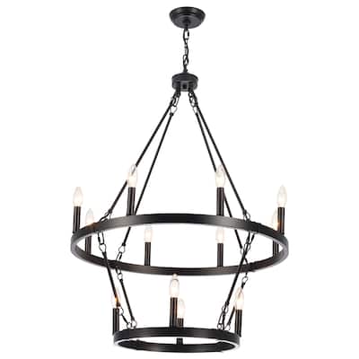 12-Light Large Chandelier Rustic Farmhouse Round 2-Tier Metal Wagon Wheel Chandelier Lighting for Living Room
