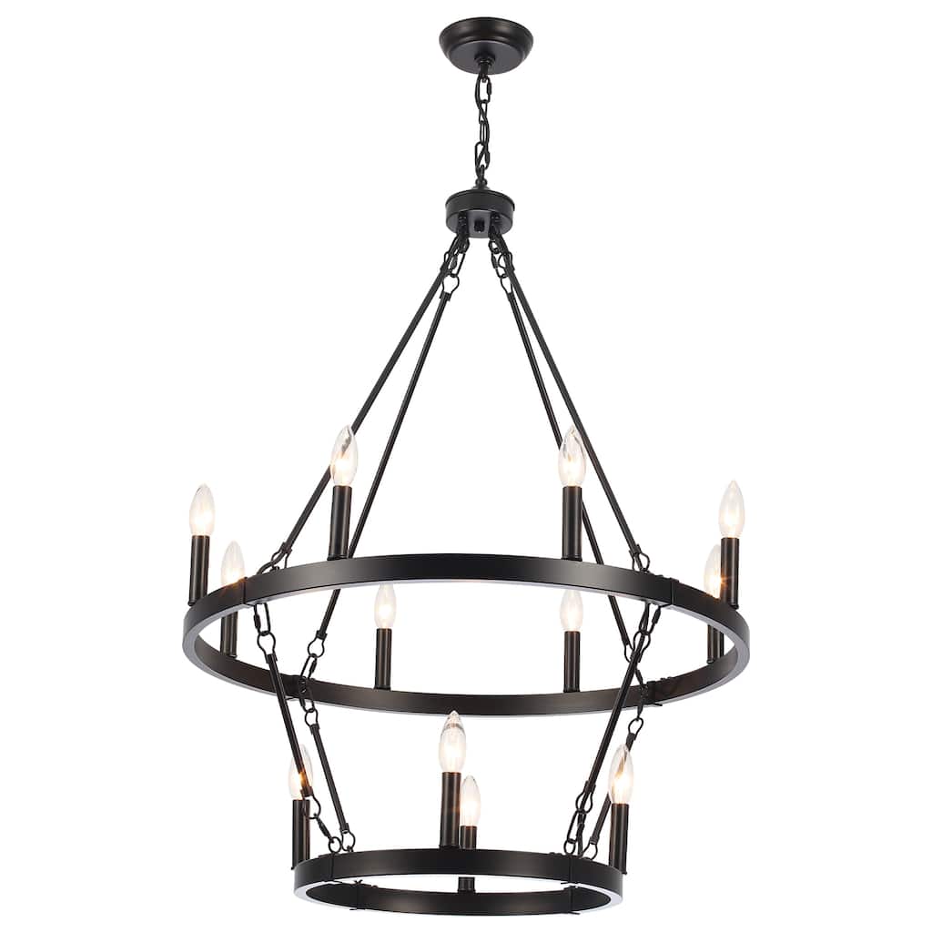 12-Light Large Chandelier Rustic Farmhouse Round 2-Tier Metal Wagon Wheel Chandelier Lighting for Living Room