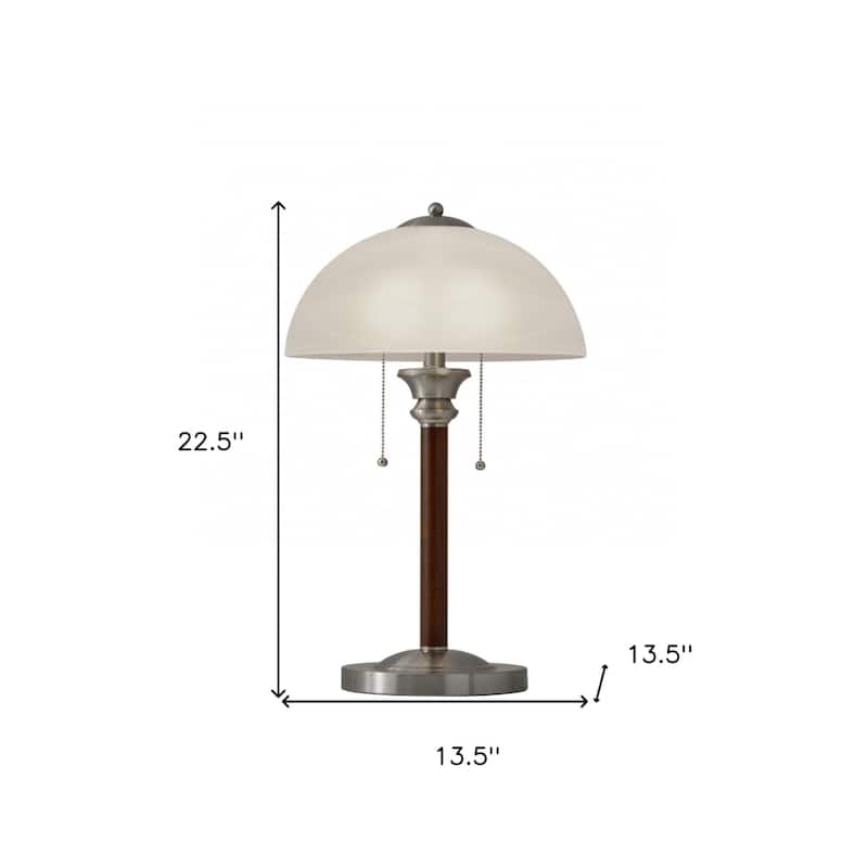 Brown Walnut Wood and Silver Metal Table Lamp with White Glass Dome Shade - 13.5” x 13.5” x 22.5” (D x W x H)