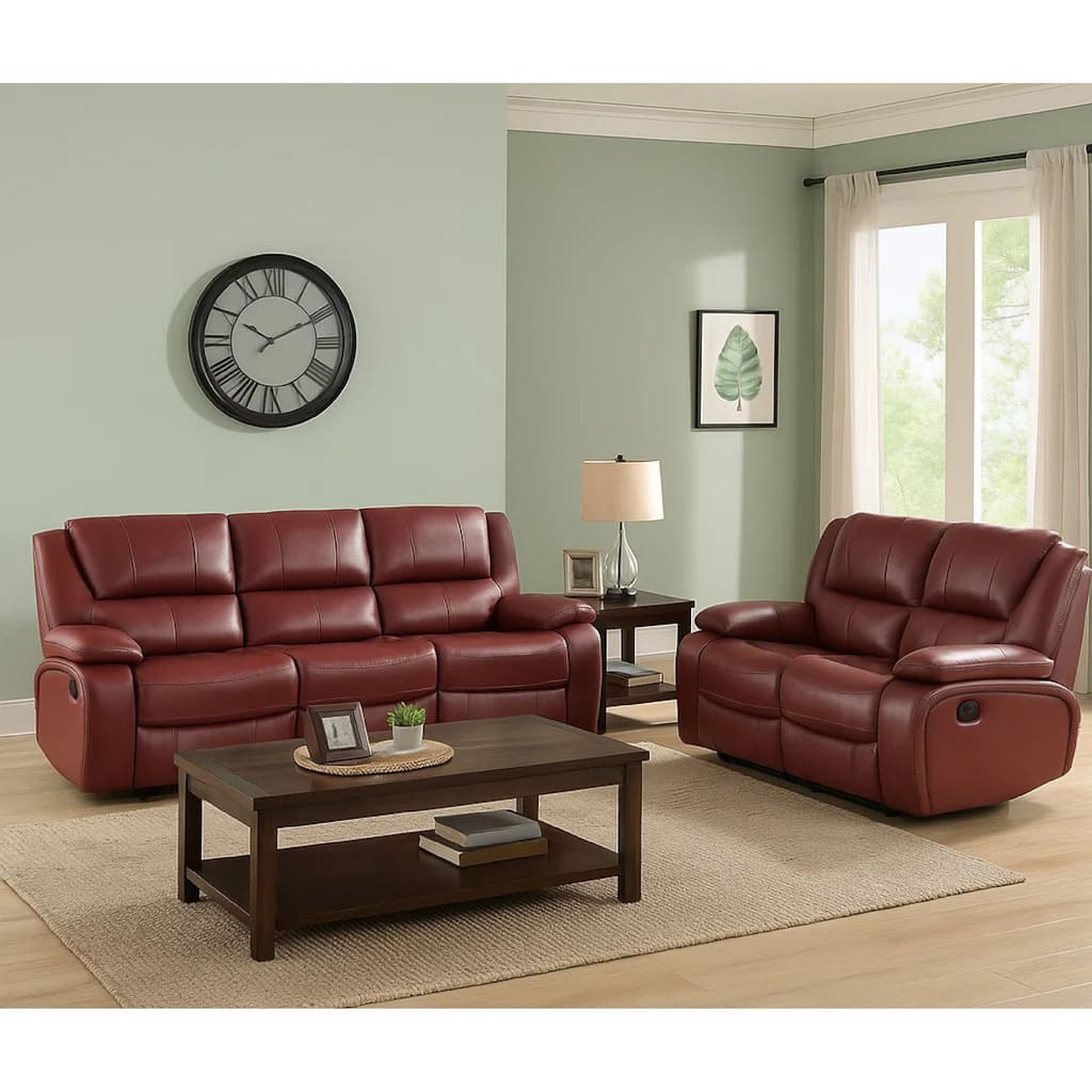 Mila 2pc Manual Recliner Sofa and Loveseat Set, Red Faux Leather, Wood