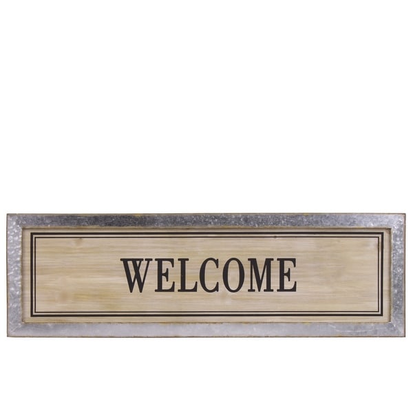 Wood Alphabet Decor "Welcome" On Metal Rust Effect Rectangular Edge, Brown