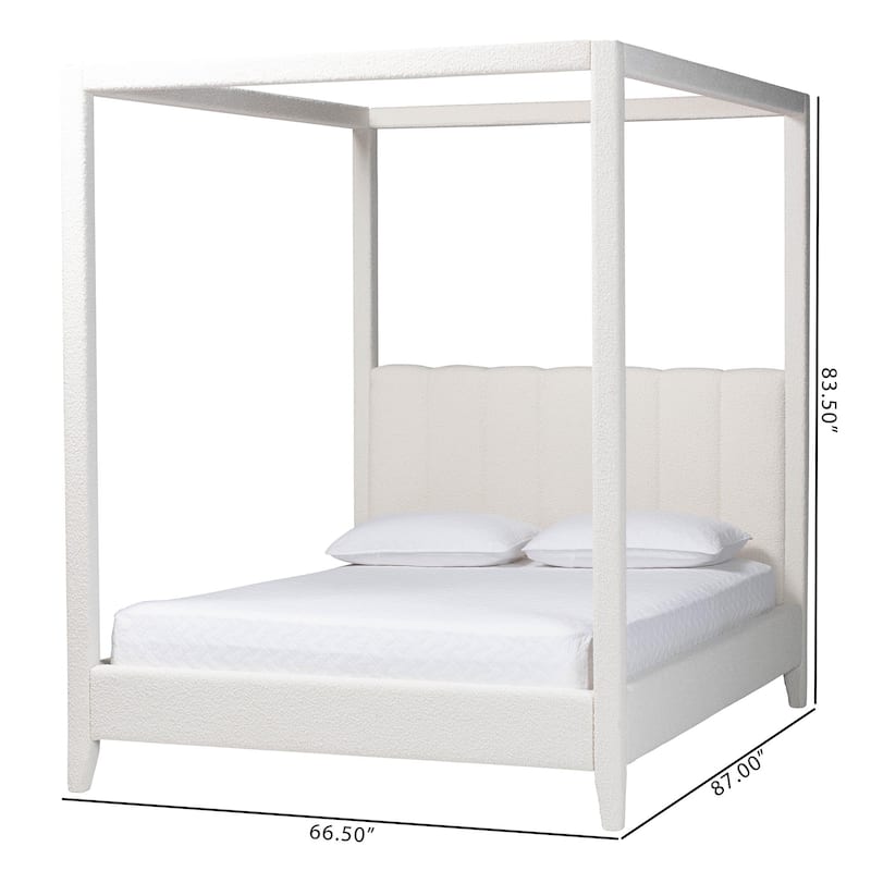 Aerona Boucle Upholstered Canopy Bed - Four Poster Platform Bed with Channel-Tufted Headboard, Cream, Queen
