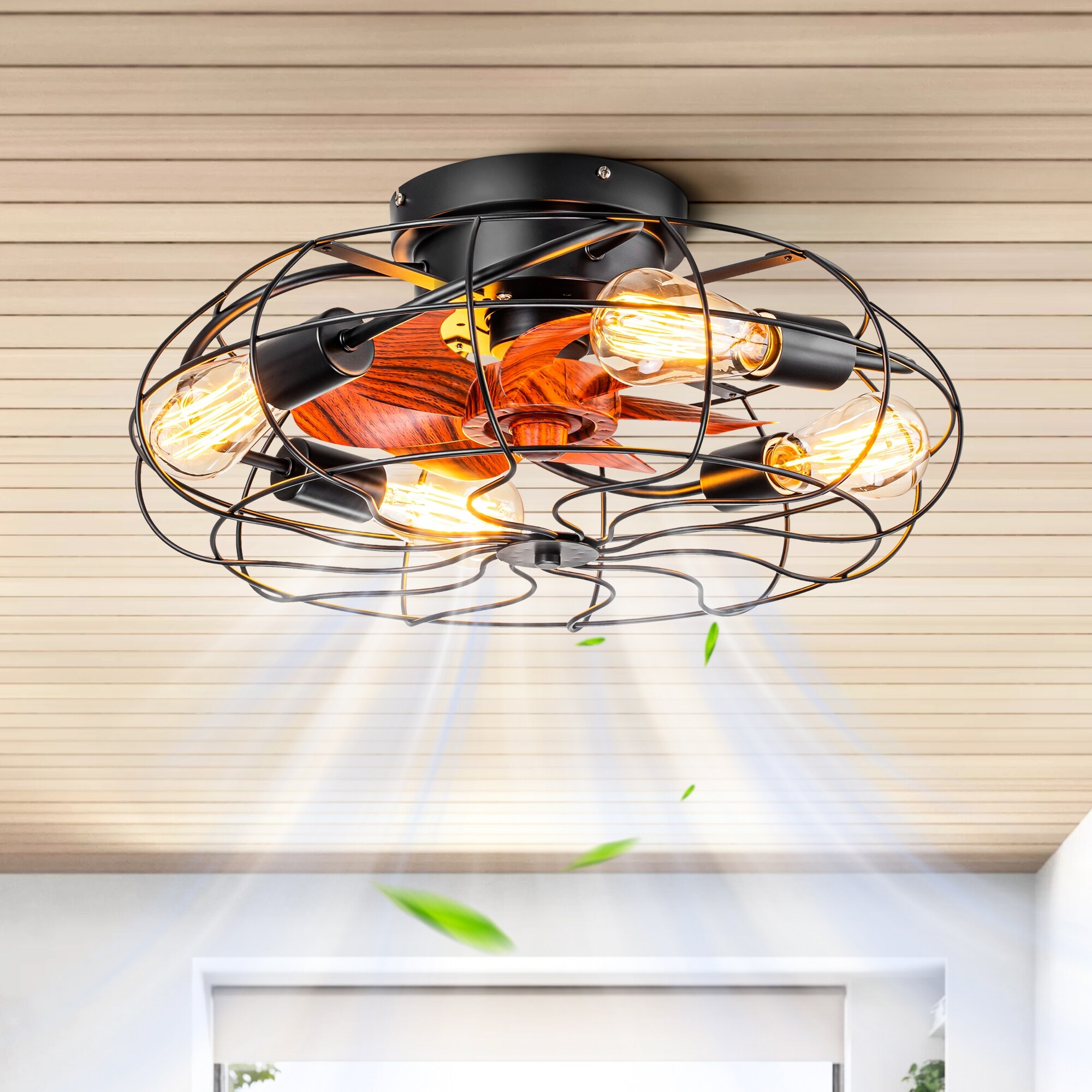 Rennnsan 20-inch 4-light Industrial Cage Farmhouse Kitchen Ceiling Fan with 7 Blades with Remote