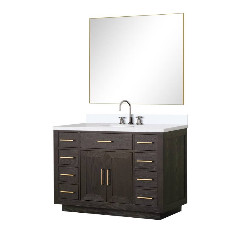 Abbey 48 in W x 22 in D Black Oak Single Bath Vanity, White Quartz Top, Faucet Set, and 46 in Mirror