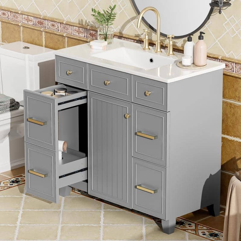 36" Wood Vanity with Ceramic Sink, Soft-Close Doors, Shelves, and Deep Drawers for Storage.