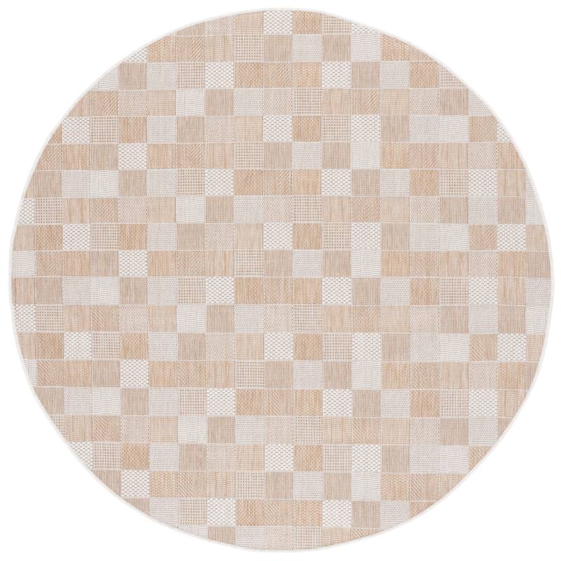 SAFAVIEH Courtyard Hillary Checkered Waterproof Patio Backyard Rug - 6'7" Round - Natural/Beige