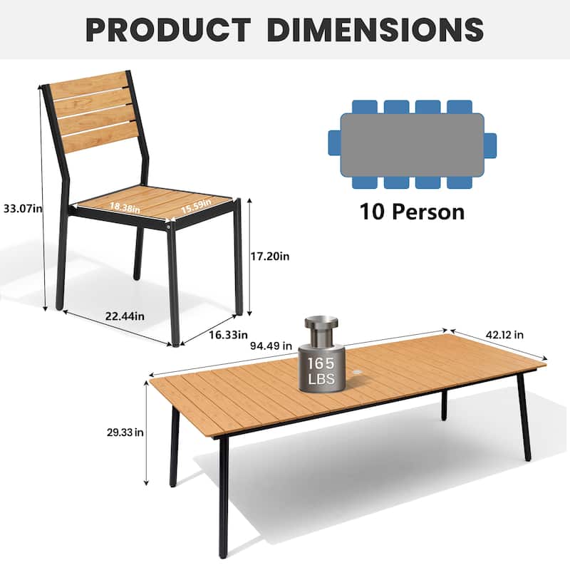 11 PCS Outdoor Rectangle Aluminum Dining Table with Umbrella Hole and 10 Stackable Chairs