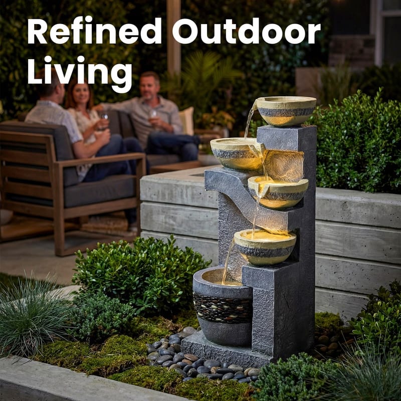 Stone-Texture Weather Resistant Garden Polyresin 3-Tier Cascading Waterfall Fountain